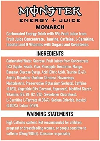 48x Monster Energy Monarch Boisson énergisante caféinée au goût fruité de pêche et de nectarine, en canettes individuelles pratiques de 500 ml