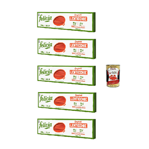 Felicia, Pasta Spaghetti di Lenticchie Rosse, Nouilles aux lentilles rouges, riches en fibres et protéines, fer et zinc, végétaliennes, 5 x 250 g + Italian Gourmet polpa 400g