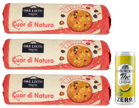 Ore Liete Cuor Di Natura Biscotti Frutta Lot De 3 Biscuits Avec Céréales Et Fruits, Farine De Grains Entiers Et Sans Sucre Ajouté, 250 G + 1 Sachet De Thé Glacé San Benedetto Au Citron Sans Sucre 330