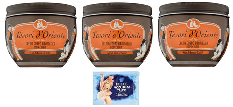 Tesori D'oriente Crema Corpo Fior Di Loto E Karité Lot De 3 Crèmes Pour Le Corps À La Fleur De Lotus Et Au Karité 300 Ml + 1 Sachet De Talc Felce Azzurra 100 G