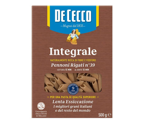 De Cecco Pennoni Rigati N°39 Integrali Lot De 12 Pâtes À Grains Entiers 500 G