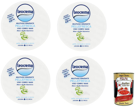 Leocrema Crema Idratante Multiuso Pellefresca Crème Hydratante Polyvalente Avec Aloe Vera Et Acide Hyaluronique, Idéale Pour Le Visage, Le Corps Et Les Mains, Peau Fraîche 4 X 150 Ml + Polpa Italian