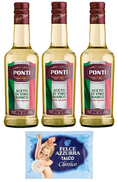 Ponti Lot De 3 Bouteilles De Vinaigre De Vin Blanc Aceto Di Vino Bianco Italiano 100 % Vinaigre Italien 500 Ml + 1 Sachet De Talc Felce Azzurra 100 G