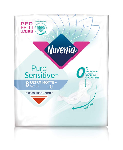 Nuvenia - Absorbant Pure Sensitive Ultra Nuit Avec Ailes - Surface Délicate Pour Peaux Sensibles - Lot De 8 Serviettes Hygiéniques