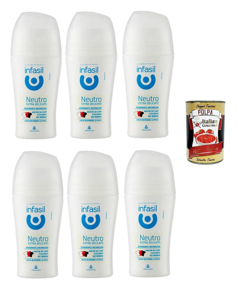 Infasil Lot De 6 Déodorants Roll-On Neutres Extra Doux Sans Sels D'aluminium - Protection Anti-Taches - 50 Ml + Italian Gourmet Polpa 400 G