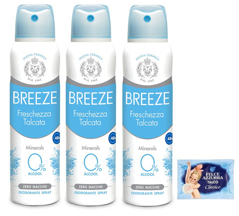3x Breeze Déodorant Spray Fraîcheur Talcata Minerals, Zéro Taches Sur La Peau, 0 % Sels D'aluminium 150 Ml + 1 Enveloppe De Talc Fougère Bleue Offerte De 100 G