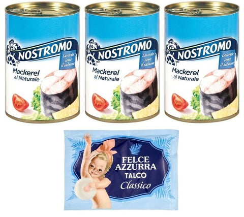 Nostromo Mackerel Al Naturale Lot De 3 Filets De Maquereau Naturel Boîte De 425 G + 1 Sachet De Poudre De Talc Felce Azzurra 100 G