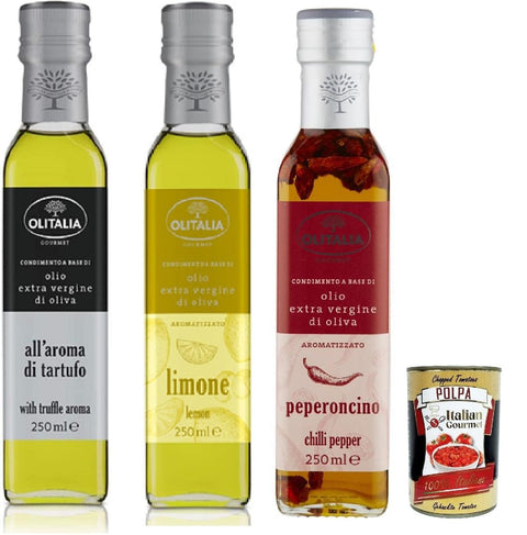 Olitalia Olio Condimento A Base Di Olio Extra Végine Di Oliva All'aroma Kit De Test D'huile D'olive Extra Vierge Goût 3 X 250 Ml + Polpa Italian Gourmet 400 G
