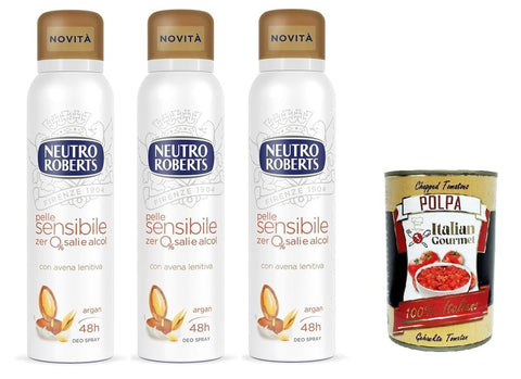 Neutro Roberts Avena Lot De 3 Déodorants En Spray Pour Peaux Sensibles À L'avoine Et À L'argan, Efficace 48 Heures, Sans Sels Ni Alcool, 3 X 150 Ml + Italian Gourmet Polpa 400 G
