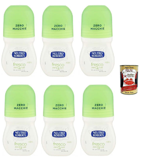 Neutro Roberts Lot De 6 Déodorants Roll-On Fresco, Sans Sels D'aluminium, Sans Taches, Parfum Thé Vert Et Citron Vert, Déodorant Unisexe, 6 X 50 Ml + Italian Gourmet Polpa 400 G