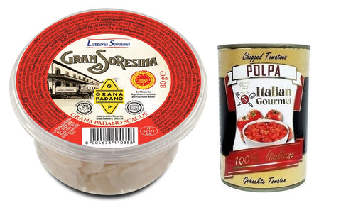 Gran Soresina Formaggio Grana Padano Dop Scaglie, Flocons De Fromage, 100 % Lait Italien 80 G + Polpa Di Pomodoro Italian Gourmet Polpa Di Pomodoro Boîte De 400 G