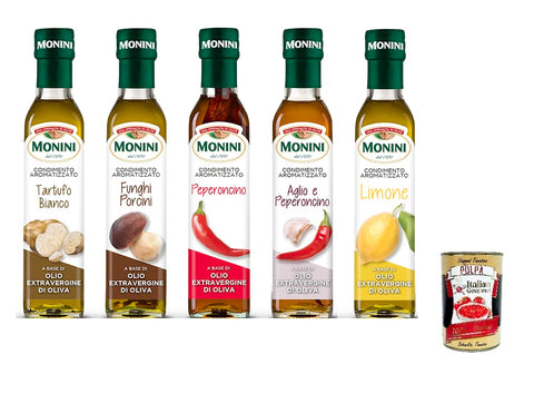 Lot De 5 Épices À Base D'huile D'olive Extra Vierge Monini, 5 Saveurs Différentes, (5 X 250 Ml) + Boîte Italian Gourmet Polpa Di Pomodoro 400 G