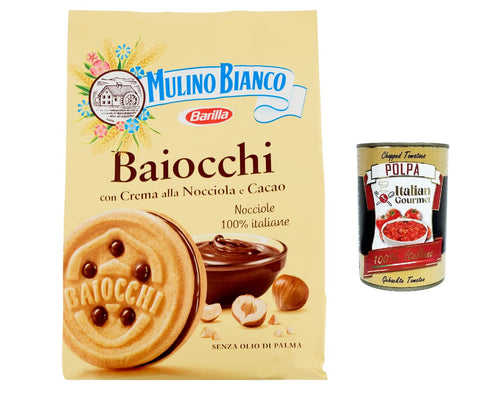 Mulino Bianco Baiocchi Lot De 12 Biscuits Avec Crème De Noisette Et Cacao Pour Le Petit Déjeuner Et Collation Sucrée Pour L'après-Midi 260 G + Polpa Gourmet Italien 400 G
