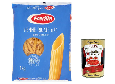 Lot De 12 Pâtes Barilla Penne Rigate N° 73, 100 % Nouilles Italiennes 1 Kg + Polpa Gastronomique Italien 400 G