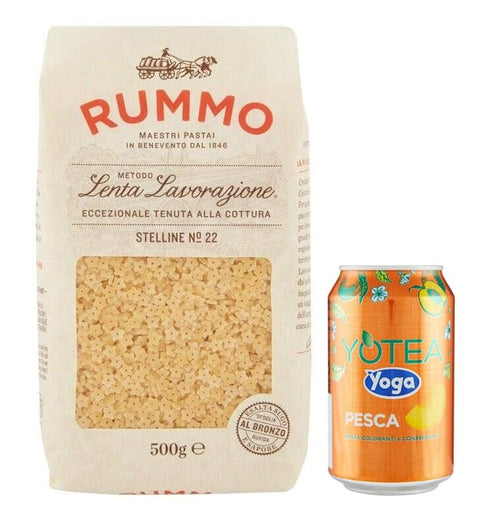 Rummo Pasta Stelline N°22 Lot De 8 Pâtes Italiennes À Base De Semoule De Blé Dur, 500 G + 1 Boîte De Thé Glacé De Yoga À La Pêche De 330 Ml