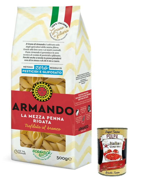 Armando La Mezza Penna Rigata Pâtes Tirées En Bronze 100 % Pâtes Italiennes 500 G + Boîte De 400 G
