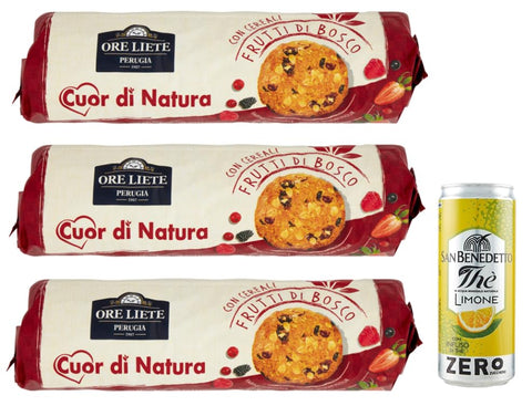Ore Liete Cuor Di Natura Biscotti Con Cereali Lot De 3 Biscuits Avec Céréales Et Baies, Sans Sucre Ajouté, 250 G + 1 Boîte De Thé Glacé San Benedetto Au Citron Sans Sucre 330 Ml