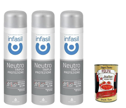 Infasil Déodorant En Spray Neutre Triple Protection, Protection Et Efficacité Contre La Transpiration Et Les Mauvaises Odeurs, 3 X 150 Ml + Italian Gourmet Polpa 400 G