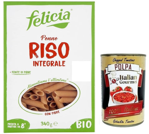 Felicia Penne Di Riso Integrale Pâtes, Avec Riz 100 % Marron Issu De La Chaîne D'approvisionnement Italienne, Bio Et Naturelle, Sans Gluten, Paquet De 340 G, Avec Italian Gourmet Polpa Di Pomodoro