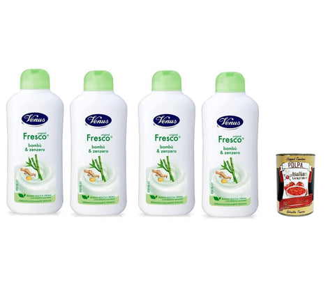 Venus Bagnodoccia Lot De 4 Gels Douche Frais Au Bambou Et Au Gingembre – Peau Douce, Lisse Et Veloutée – Nettoyant Pour Le Corps 650 Ml + Italian Gourmet Polpa 400 G