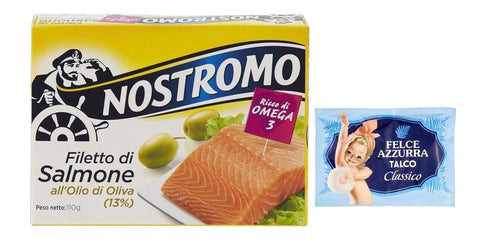 Nostromo Filetto Di Salmone All'olio Di Oliva - Lot De 5 Filets De Saumon À L'huile D'olive - 110 G + 1 Sachet De Talc Felce Azzurra Gratuit - Sachet De 100 G