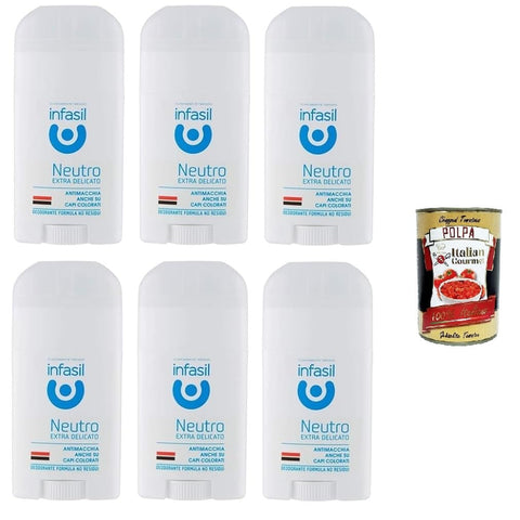 Infasil Neutro Extra Delicato Lot De 6 Déodorants En Stick Sans Sels D'aluminium 50 Ml + Italian Gourmet Polpa 400 G