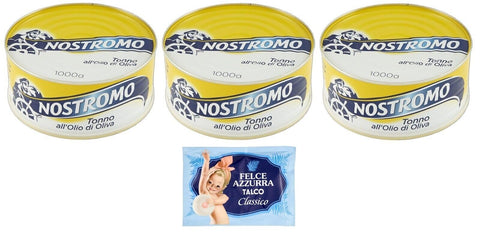 Nostromo Tonno All'olio Di Oliva Lot De 3 Thons À L'huile D'olive, Boîte De 1 Kg + 1 Sachet De Talc Felce Azzurra Gratuit, Sachet De 100 G