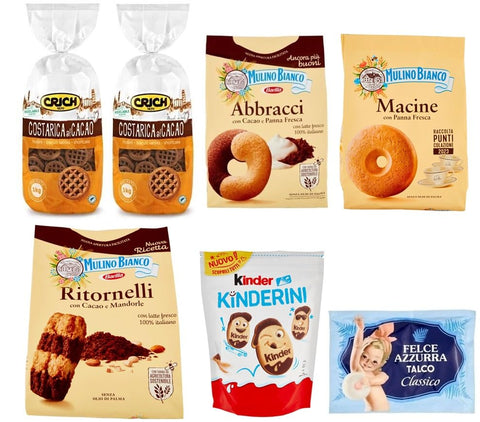 Lot De 6 Paquets De Test Mulino Bianco Ritornelli Macine Abbracci + Ferrero Kinderini + Crich Costarica Biscuits Au Cacao Biscuits + 1 Sachet De Talc Felce Azzurra Gratuit 100 G