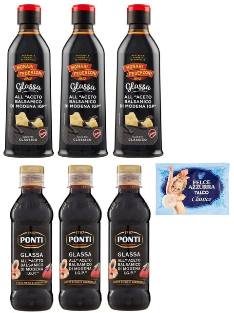 Lot De 6 Paquets De Test Monari Federzoni 300 G + Ponti 250 G Glassa All'aceto Balsamico Di Modena, Crème Glacée Au Vinaigre Balsamique De Modène I.G.P. + 1 Sachet De Talc Felce Azzurra 100 G