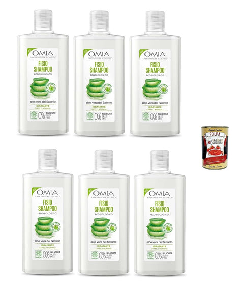 Omia Fisio Eco Lot De 6 Shampoings Bio À L'aloe Vera Pour Cheveux Normaux, Hydratation Et Équilibre, Convient Pour Une Utilisation Fréquente, Sans Silicone, 6 X 200 Ml + Italian Gourmet Polpa 400 G