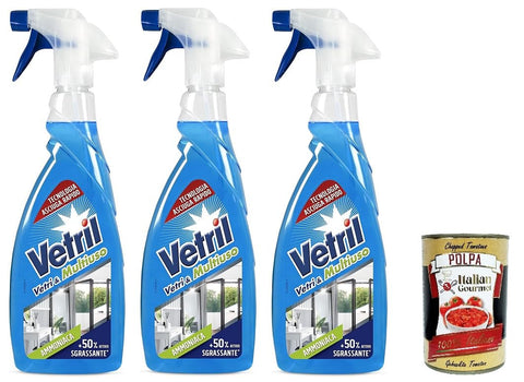 Vetril Lot De 3 Sprays Nettoyants De Surface Avec Ammoniaque, Effet Dégraissant Et Brillance Sans Traces, 650 Ml + Italian Gourmet Polpa 400 G