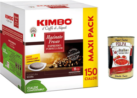 Kimbo Macinato Fresco, Maxi Pack, Espresso Formula Bar, 150 Cialde Ese 44mm, Box Lot De 150 Dosettes De Café + Italian Gourmet Polpa 400g