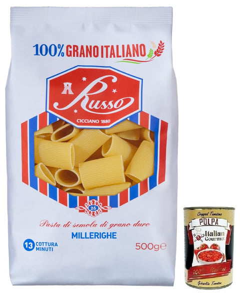 Russo Millerighe N°26 Pâtes À Semoule De Blé Dur, 100 % Blé Italien, Paquet De 500 G + Boîte De 400 G