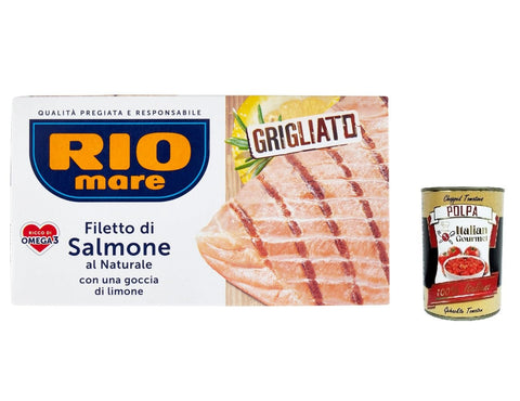 Rio Mare Lot De 12 Filets De Saumon Naturel Avec Une Goutte De Citron Grillé 125 G + Polpa Italian Gourmet 400 G