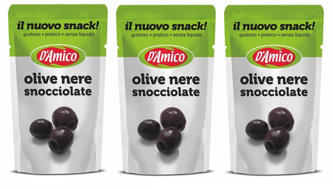 3 X D'amico Il Nuovo Snack Olive Nere Snocciolate Olives Noires Dénoyautées Sans Liquide 75 G