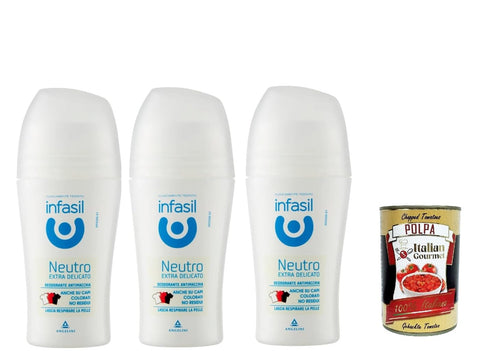 Infasil Lot De 3 Déodorants Roll-On Neutres Extra Doux Sans Sels D'aluminium - Protection Anti-Taches - 3 X 50 Ml + Italian Gourmet Polpa 400 G