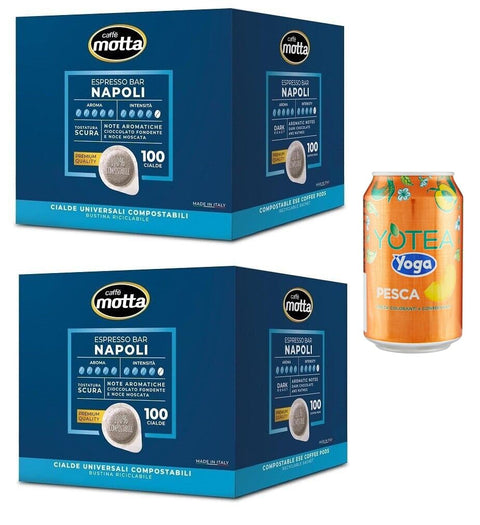 Lot De 2 Dosettes De Café Motta Ese 44 Mm - 100 Dosettes De Café - Mélange Napoli - Pour Bar À Expresso - Compostables - Avec 1 Boîte De Thé Glacé À La Pêche - 330 Ml