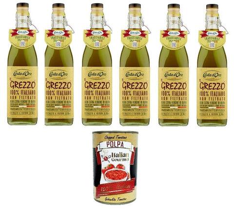 Costa D'oro Il Grezzo Olio Extra Vergione Di Oliva Huile D'olive Extra Vierge Non Filtrée Et Pressée À Froid 6 X 1 L + Polpa Italian Gourmet 400 G