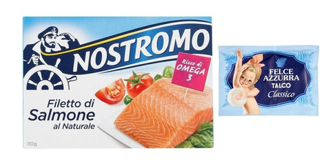 Nostromo Filetti Di Salmone Al Naturale Lot De 5 Filets De Saumon Naturels 110 G + 1 Paquet De Poudre De Talc Felce Azzurra 100 G