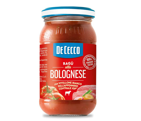 De Cecco Ragù Alla Bolognese Con Vitellone Bianco Dell'appenino Centrale Igp Sauce Au Boeuf Blanc De L'apennin Central Igp Avec 100% Tomates Italiennes 190g