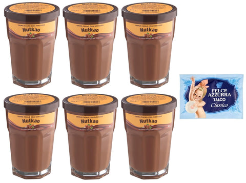 Nutkao Crema Cacao Con Nocciole Lot De 6 Crèmes Tartinables Au Cacao Aux Noisettes, Crème Italienne, Pot De 330 G + 1 Sachet De Talc Felce Azzurra Gratuit 100 G
