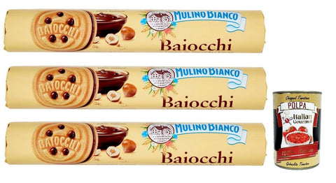 Mulino Bianco, Biscotti Baiocchi Farciti Con Crema Alla Nocciola E Cacao, Biscuits Farcis De Crème Noisette Et De Cacao, Tubo 3x 168 + Italian Gourmet Polpa 400g
