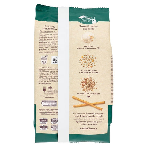 Mulino Bianco Grissini Sgranocchi Rustici – Gressins croustillants aux graines d'épeautre, de seigle, de lin et de tournesol – 6 x 200 g