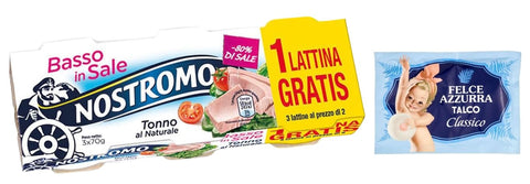 Nostromo Tonno Al Naturale Basso Lot De 5 Boîtes De Thon Naturel Pauvre En Sel, 3 Boîtes De 70 G + 1 Sachet De Talc Felce Azzurra Gratuit, Sachet De 100 G