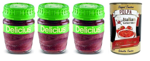 Delicius Filetti Di Alici In Olio Di Girasole Lot De 3 Filets D'anchois À L'huile De Tournesol, Poisson Bleu De Qualité Supérieure, Verre 58 G + Boîte Italienne Gourmet Polpa Di Pomodoro 400 G