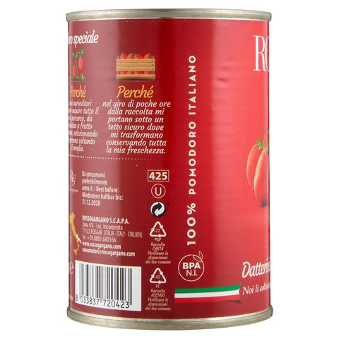 Rosso Gargano pomodori Datterini Pelati di Puglia, Tomates Datterini pelées 100 % italiennes en conserve, idéales pour les pizzas, les pâtes, les sauces et la cuisine méditerranéenne, 24 boîtes de 400 g