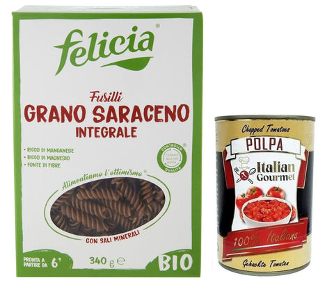 Felicia Fusilli Di Grano Saraceno Integrale, Pâtes Au Sarrasin 100 % Bio, Bio Et Naturel, Sans Gluten, Paquet De 340 G + Boîte Italienne Gourmet Polpa Di Pomodoro 400 G