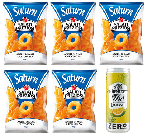 Salati Preziosi Anelli Lot De 5 Chips De Maïs Pour Pizza, Chips De 100 G + 1 Sachet De Thé Glacé San Benedetto Au Citron Sans Sucre 330 Ml