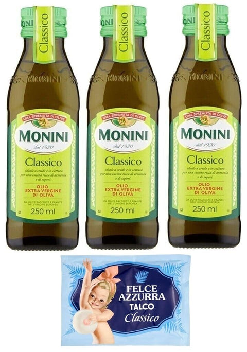 Monini Classico Lot De 3 Bouteilles D'huile D'olive Extra Vierge Extra Vergine D'olive 250 Ml + 1 Sachet De Talc Felce Azzurra 100 G
