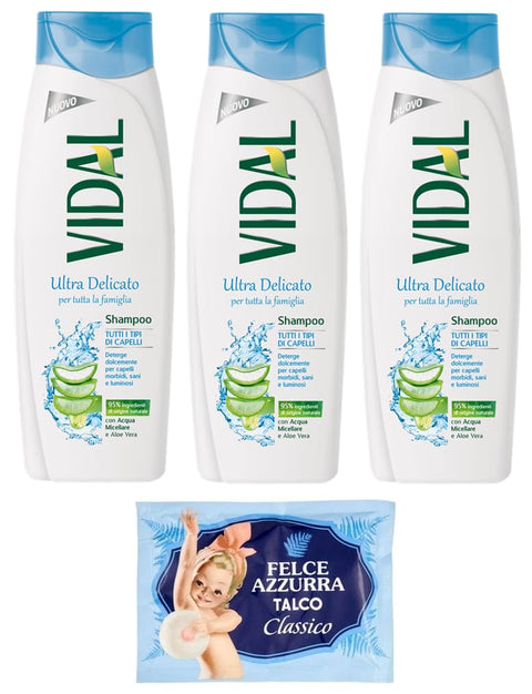 Vidal Lot De 3 Shampoings Ultra Delicato Tutti I Tipi Di Capelli - Convient À Tous Les Types De Cheveux - 250 Ml + 1 Flacon De Talc Felce Azzurra - Sachet De 100 G